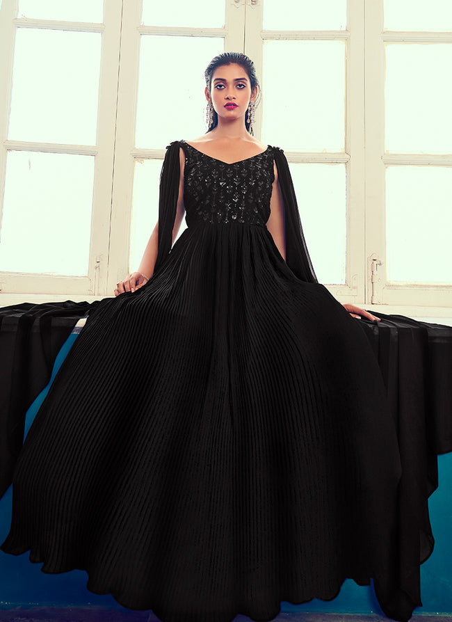 Black Sequence Embroidery Cape Style Designer Gown In USA Canada