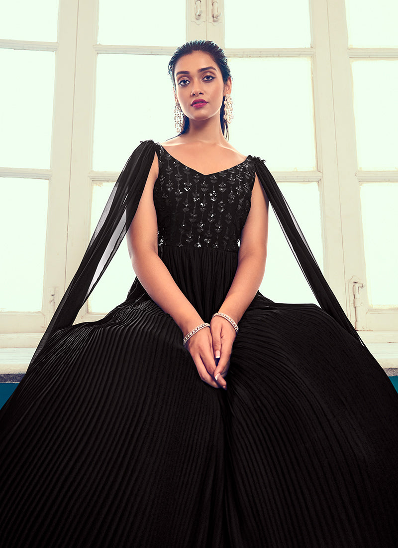 Black Sequence Embroidery Cape Style Designer Gown In USA Germany