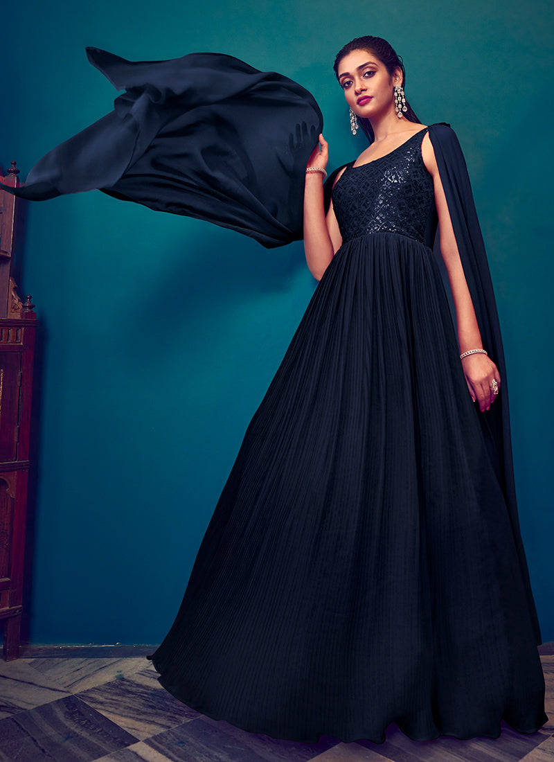 Navy Blue Sequence Embroidery Designer Gown In USA