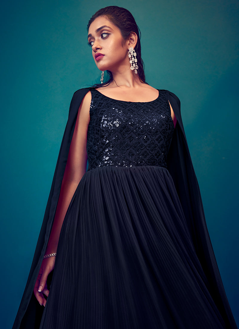 Navy Blue Sequence Embroidery Designer Gown In USA UK