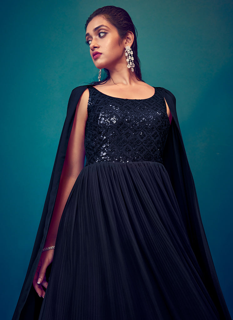 Navy Blue Sequence Embroidery Designer Gown In USA UK