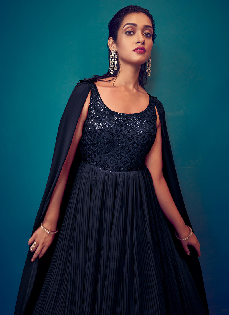 Navy Blue Sequence Embroidery Designer Gown In USA Canada