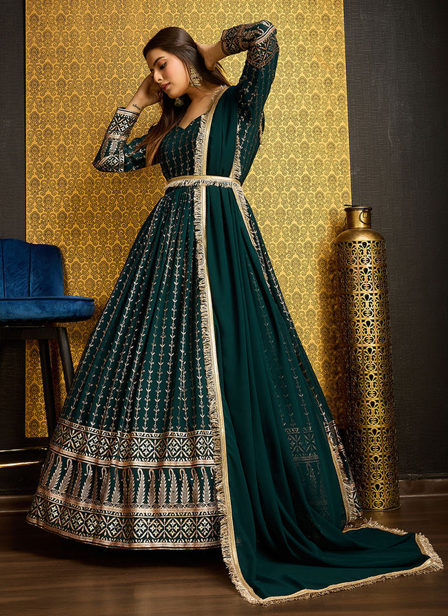 Buy Anarkali Green Golden Foil Printed Anarkali Gown With Dupatta