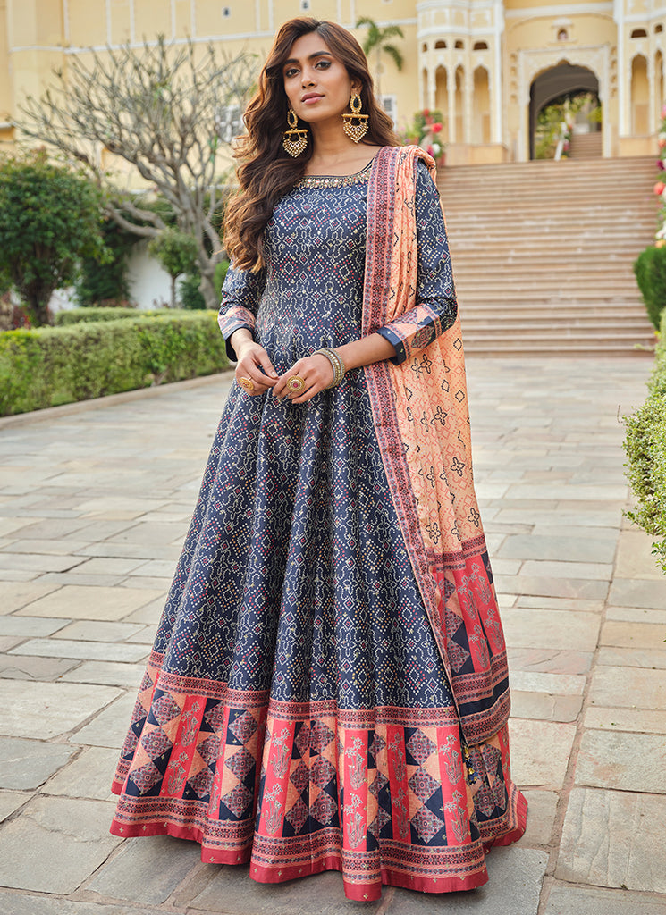 Blue Khatli Embroidered Traditional Anarkali Gown In USA Canada