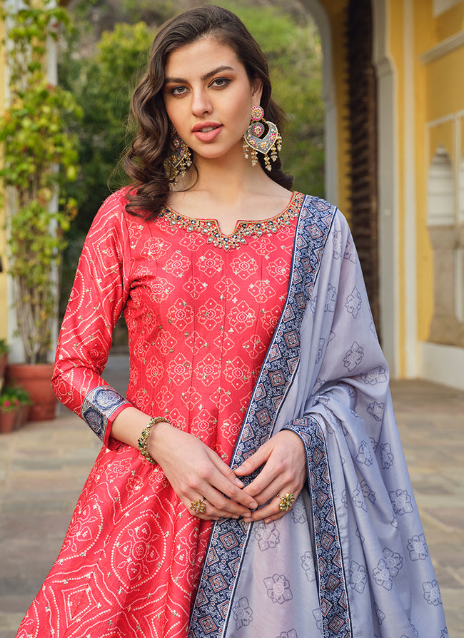 Red And Blue Khatli Anarkali Gown In USA