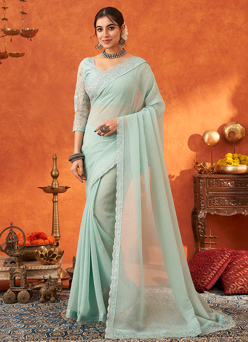 Sea Green Embroidery Festive Georgette Saree
