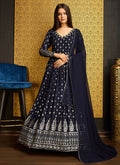 Blue Golden Foil Printed Anarkali Gown With Dupatta