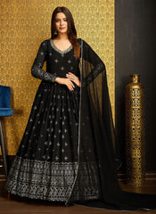 Black Golden Foil Printed Anarkali Gown With Dupatta