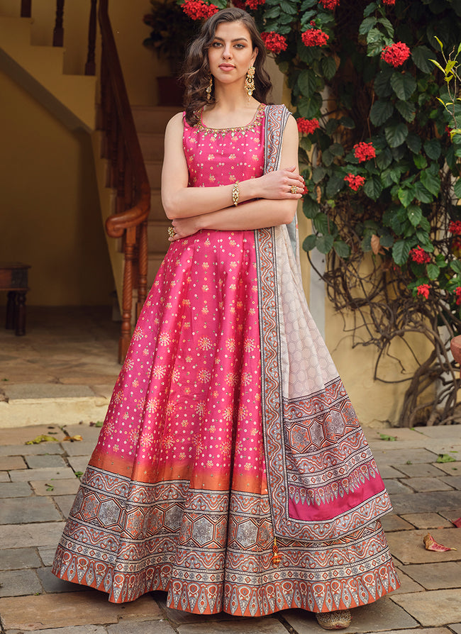 Pink And Grey Khatli Embroidered Traditional Anarkali Gown