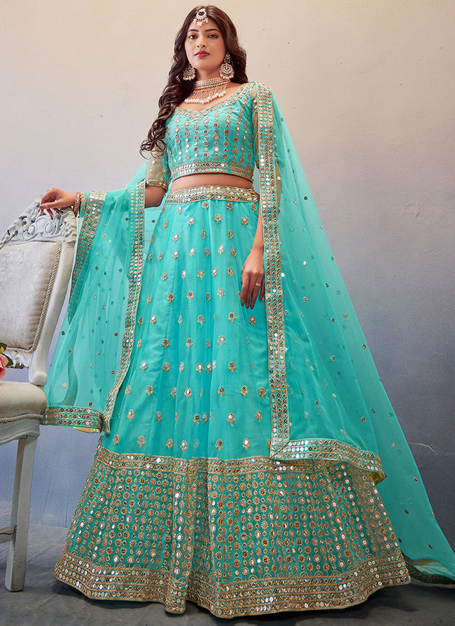 Sky Blue Mirror And Sequence Embroidery Wedding Lehenga Choli