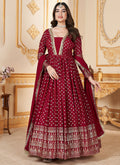 Red Metallic Foil Work Embellished Anarkali Gown And Dupatta