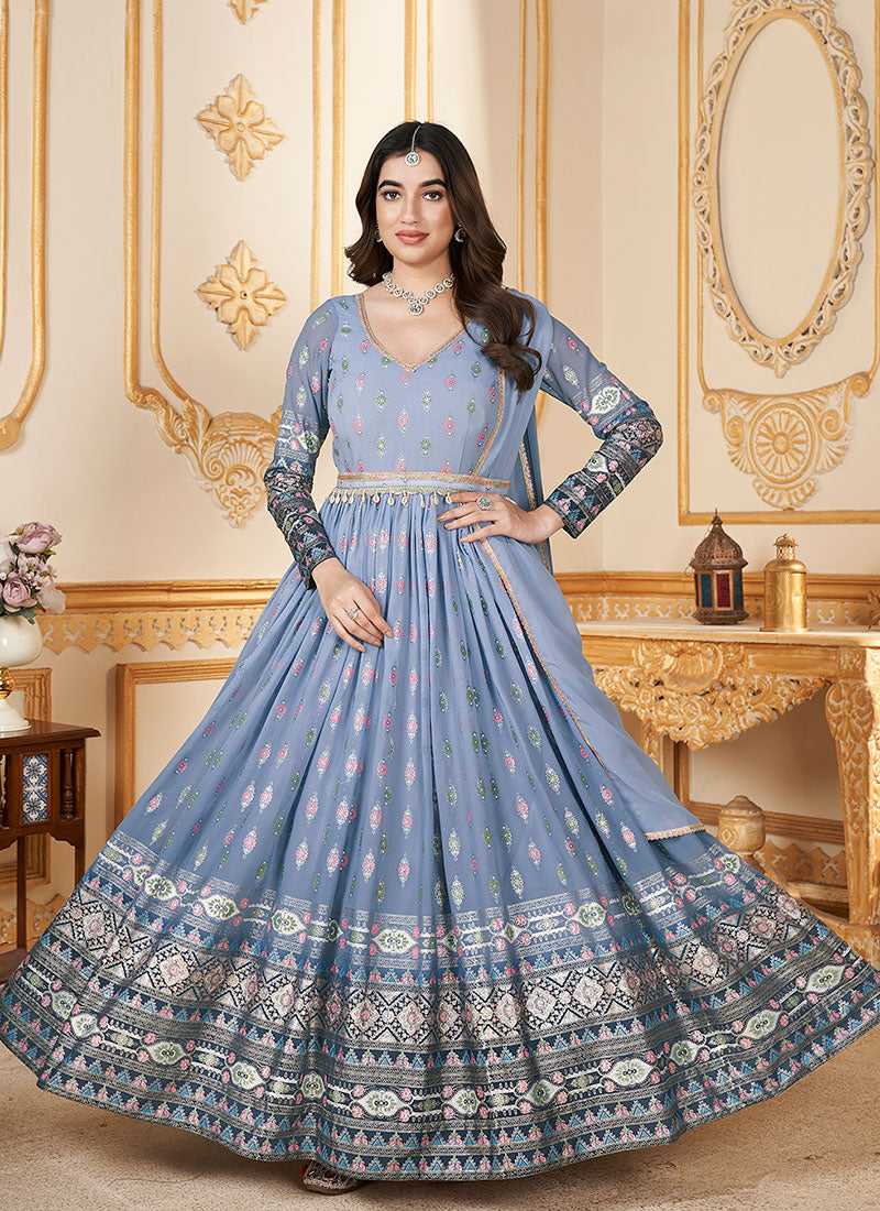 Blue Metallic Foil Work Embellished Anarkali Gown And Dupatta