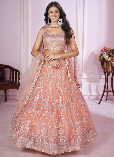 Peach Sequence Embroidery Traditional Festive Lehenga Choli