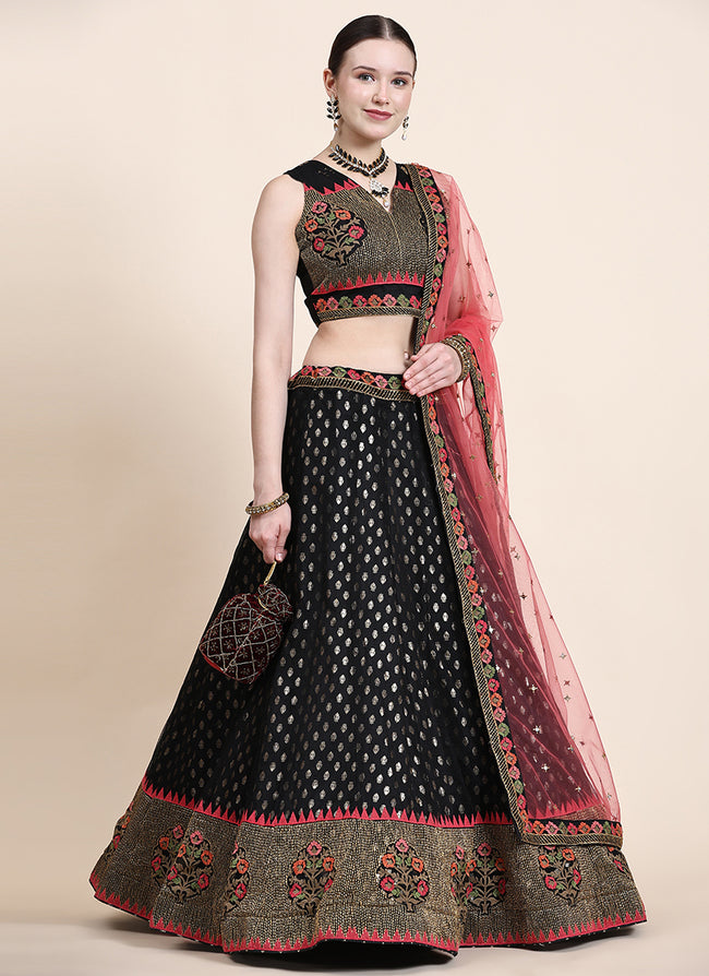 Black Jacquard Multi Thread Embroidery Wedding Lehenga Choli