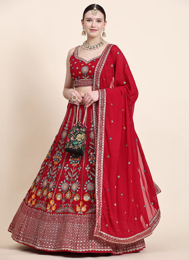 Bridal Red Multi Thread Embroidery Wedding Lehenga Choli In USA