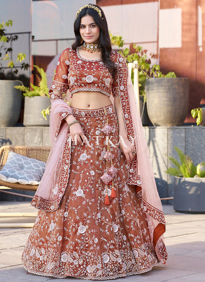 Orange Embroidered Wedding Lehenga Choli