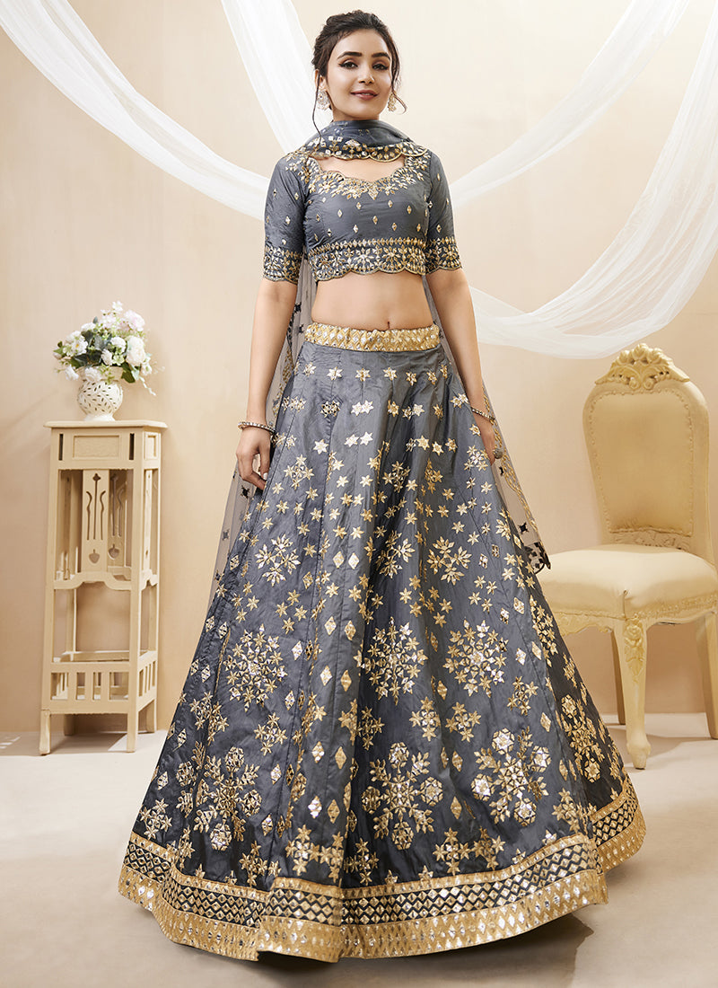 Deep Grey Mirror Embroidery Lehenga Choli In USA UK