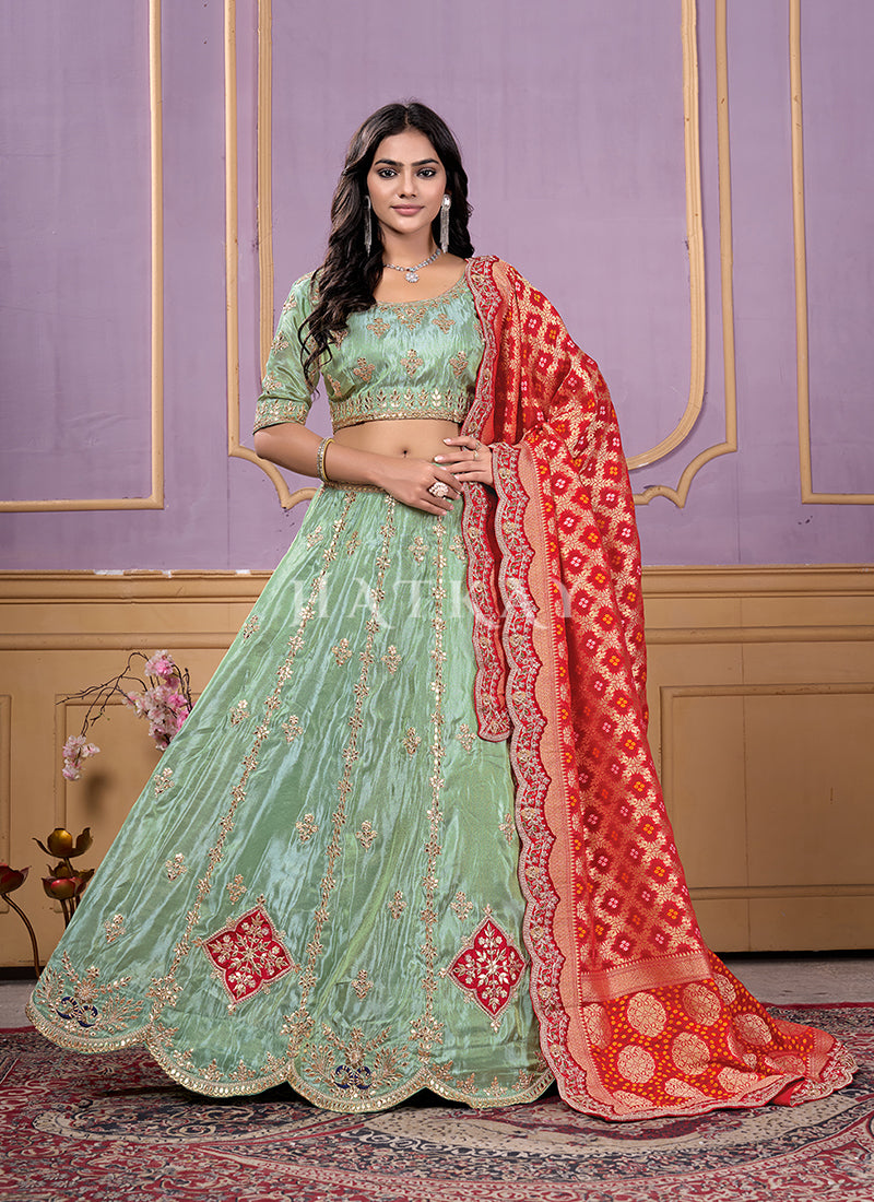 Sea Green And Red Multi Embroidered Wedding Lahenda Choli With Dupatta