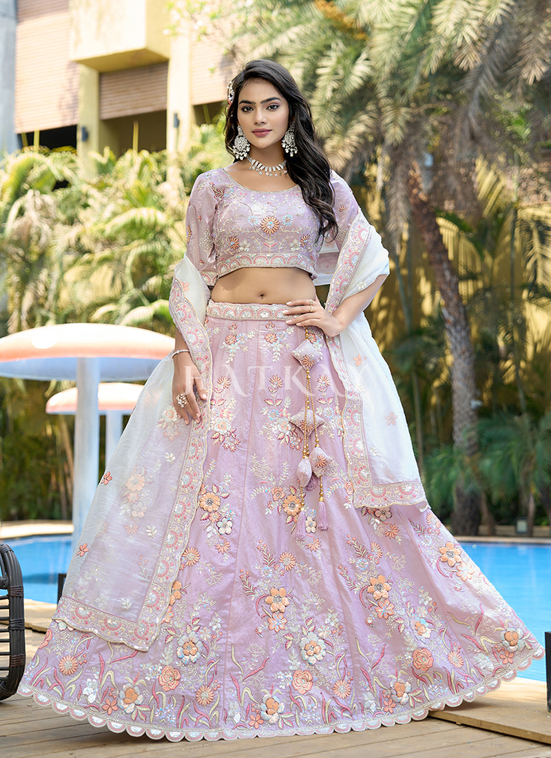 Light Purple Multi Embroidered Wedding Lahenda Choli With Dupatta