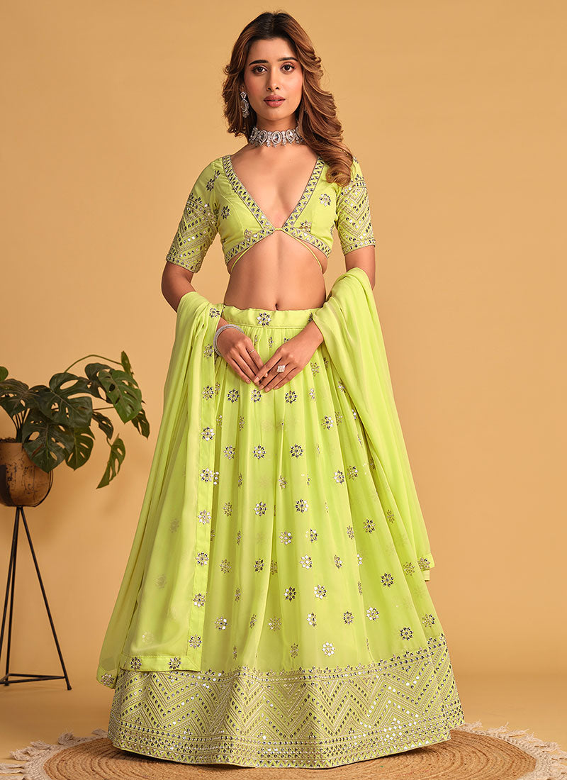 Lime Green Sequence Embroidery Wedding Lehenga Choli