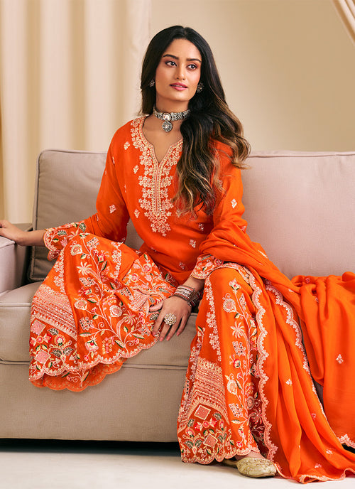 Orange Embroidery Sharara Suit