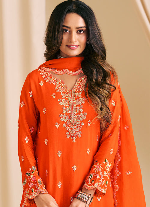 Orange Embroidery Sharara Suit