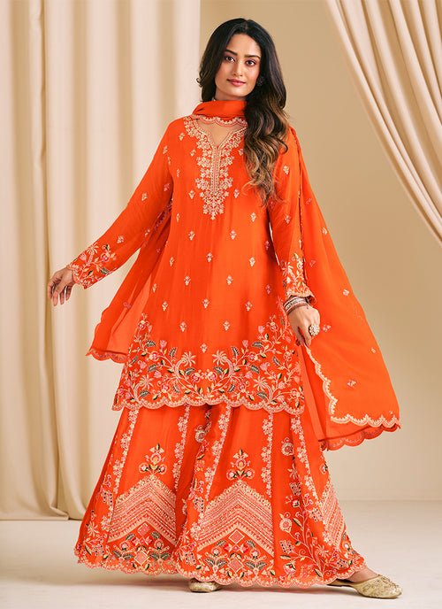 Orange Embroidery Sharara Suit