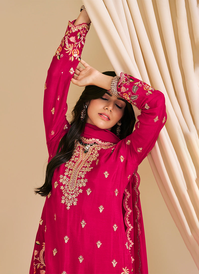 Magenta Pink Embroidery Sharara Suit