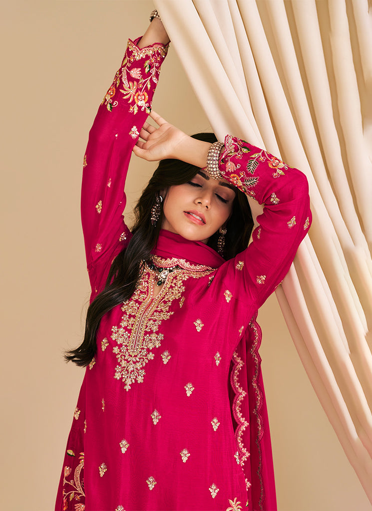 Magenta Pink Embroidery Sharara Suit