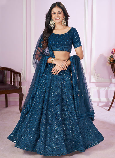 Turquoise Sequence Embroidery Traditional Festive Lehenga Choli
