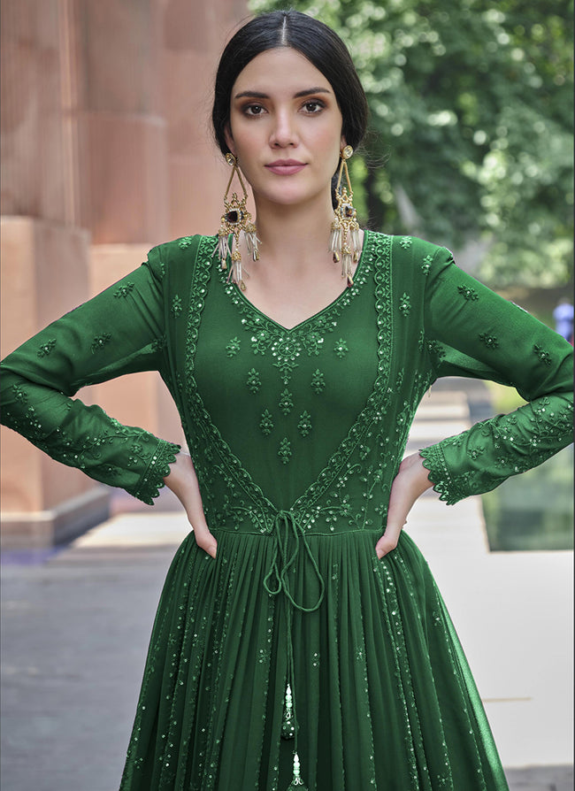 Green Sequence Embroidery Georgette Anarkali Gown In USA