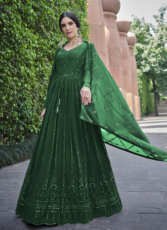 Green Sequence Embroidery Georgette Anarkali Gown In USA UK