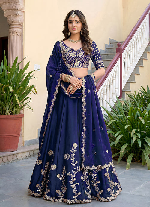 Navy Blue Embroidered Silk Lehenga Choli