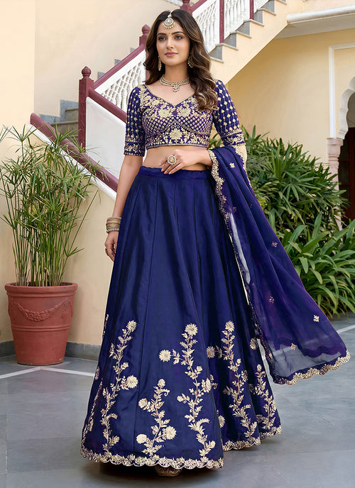 Navy Blue Embroidered Silk Lehenga Choli