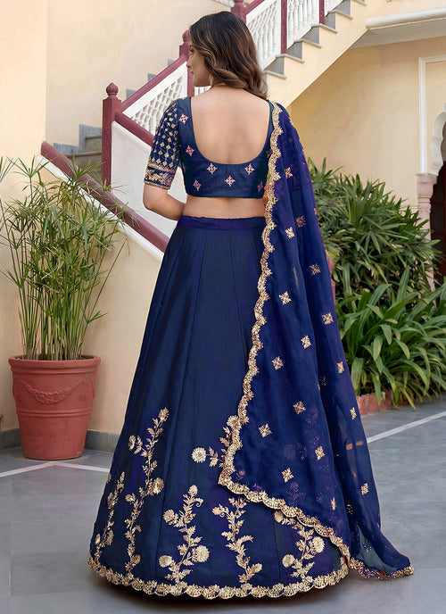 Navy Blue Embroidered Silk Lehenga Choli