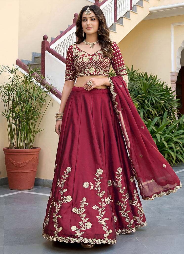 Cherry Red Embroidered Silk Lehenga Choli