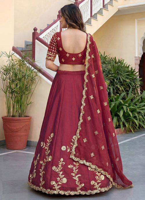 Cherry Red Embroidered Silk Lehenga Choli