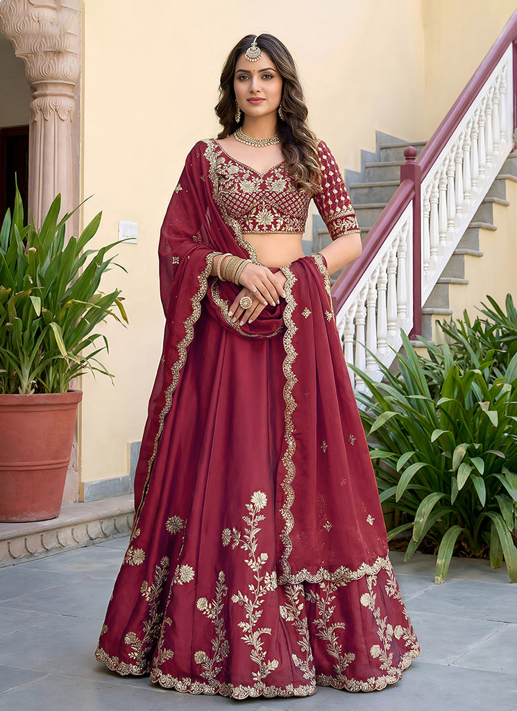 Cherry Red Embroidered Silk Lehenga Choli