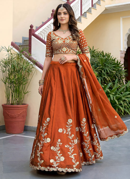 Orange Embroidered Silk Lehenga Choli