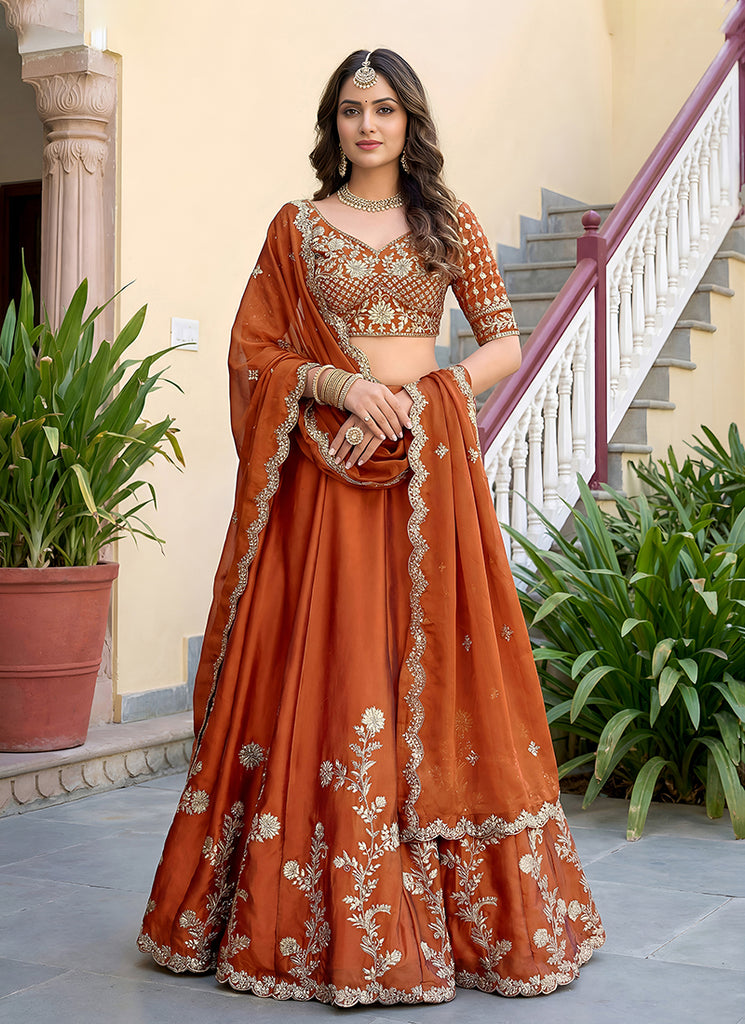 Orange Embroidered Silk Lehenga Choli