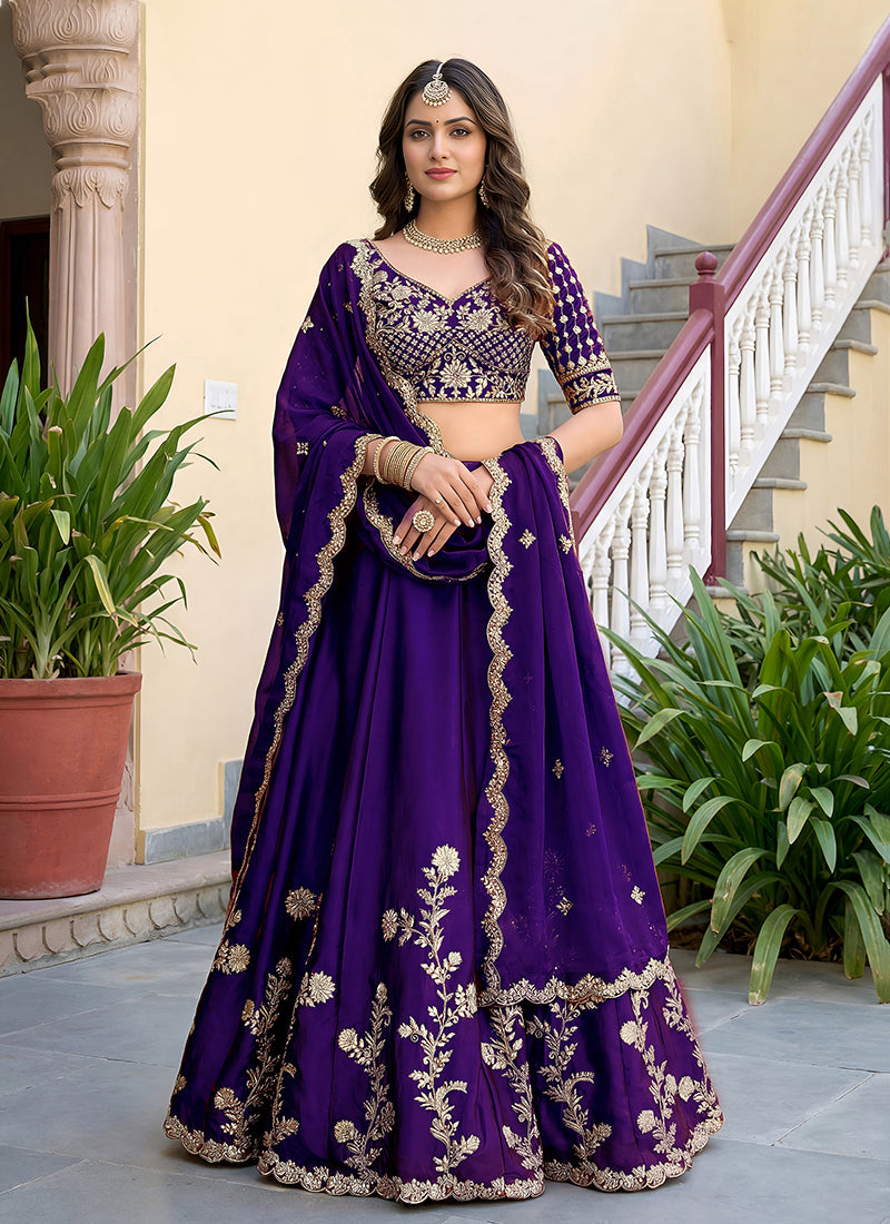 Violet Embroidered Silk Lehenga Choli