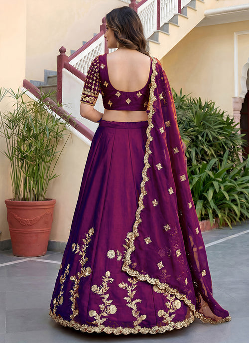 Wine Embroidered Silk Lehenga Choli
