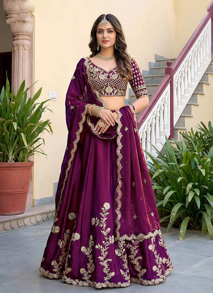 Wine Embroidered Silk Lehenga Choli