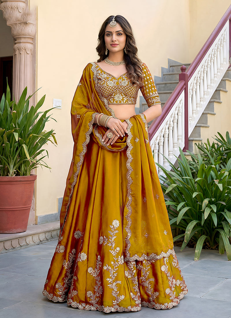 Yellow Embroidered Silk Lehenga Choli