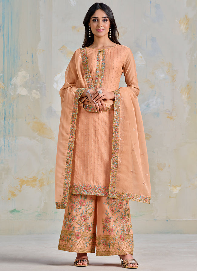 Peach Multi Embroidered Wedding Palazzo Suit