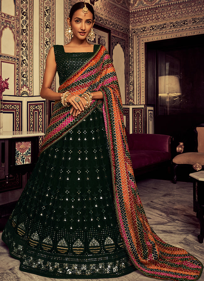 Latest Fashion Sequins Embroidered Dark Green Lehenga LLCV110420