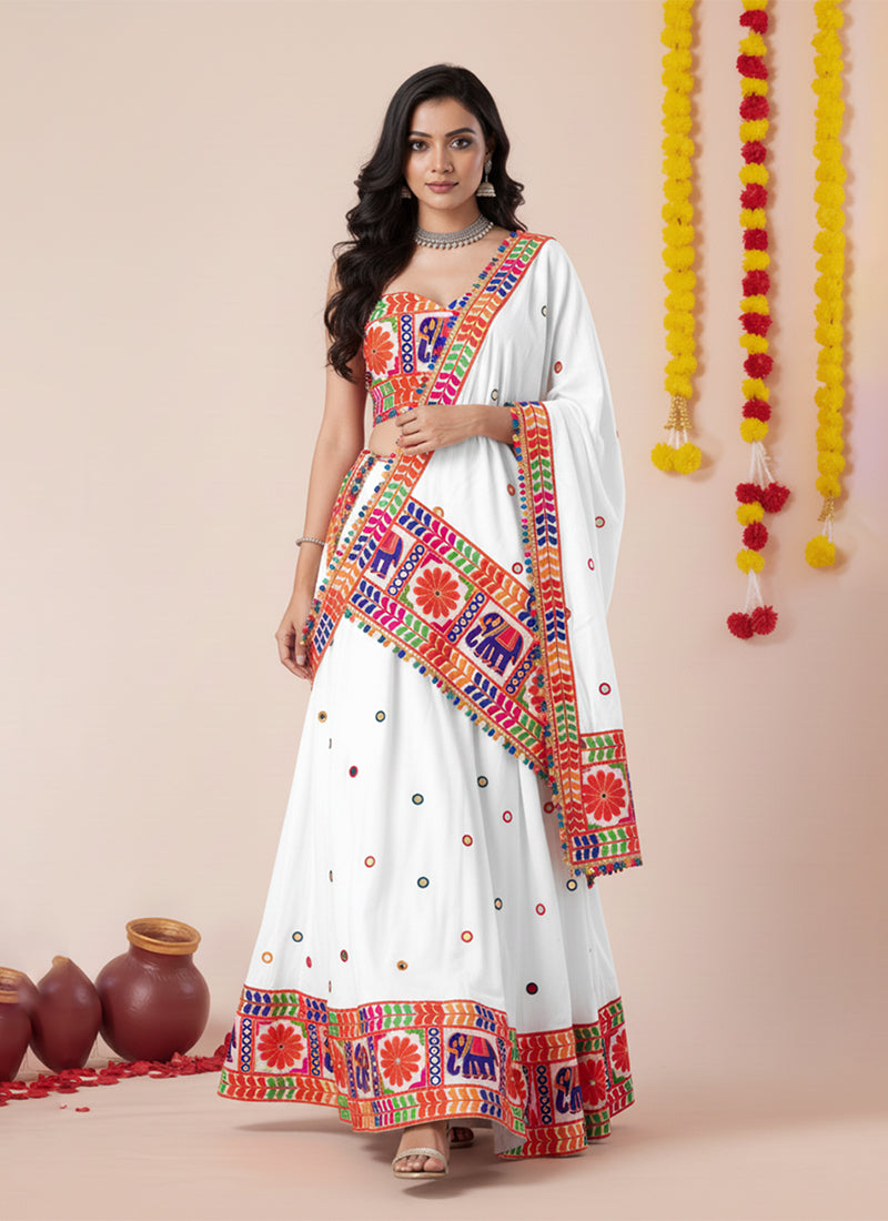 White Multi Embroidered Navratri Lehenga Choli