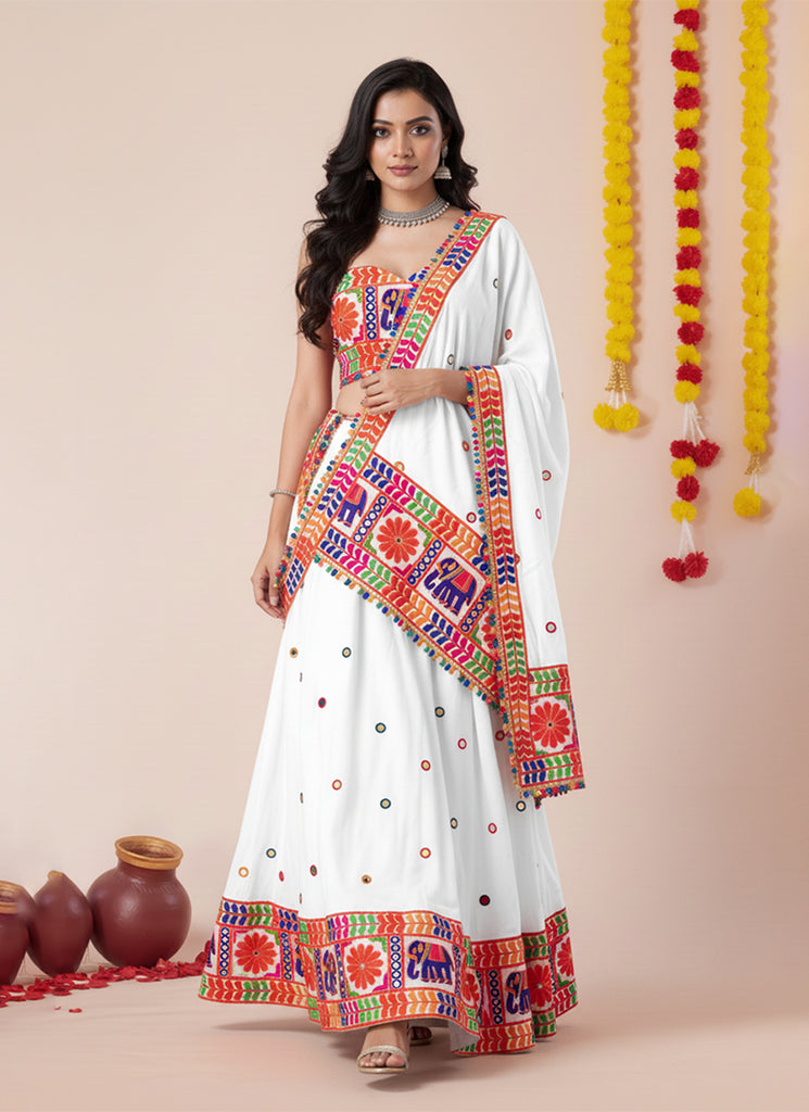 White Multi Embroidered Navratri Lehenga Choli