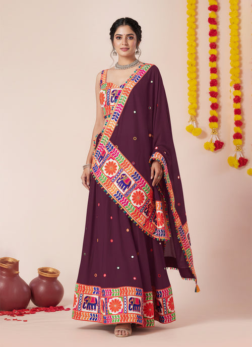 Wine Multi Embroidered Navratri Lehenga Choli
