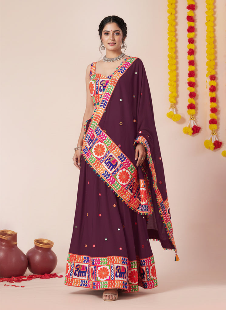 Wine Multi Embroidered Navratri Lehenga Choli